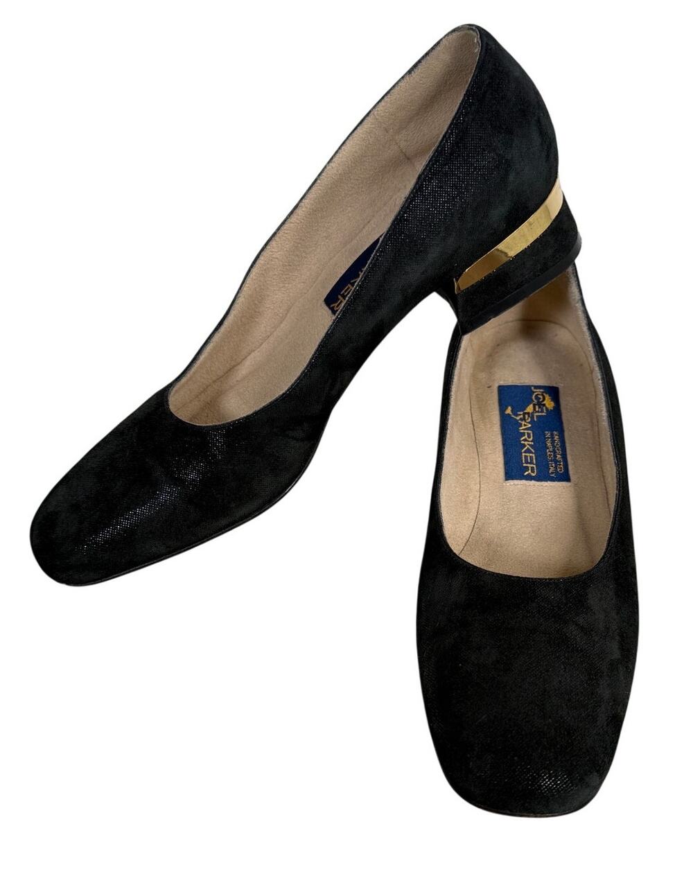 Joel Parker Italian Black Suede Low Heel Pumps Gold Trim Women's 6.5 AA